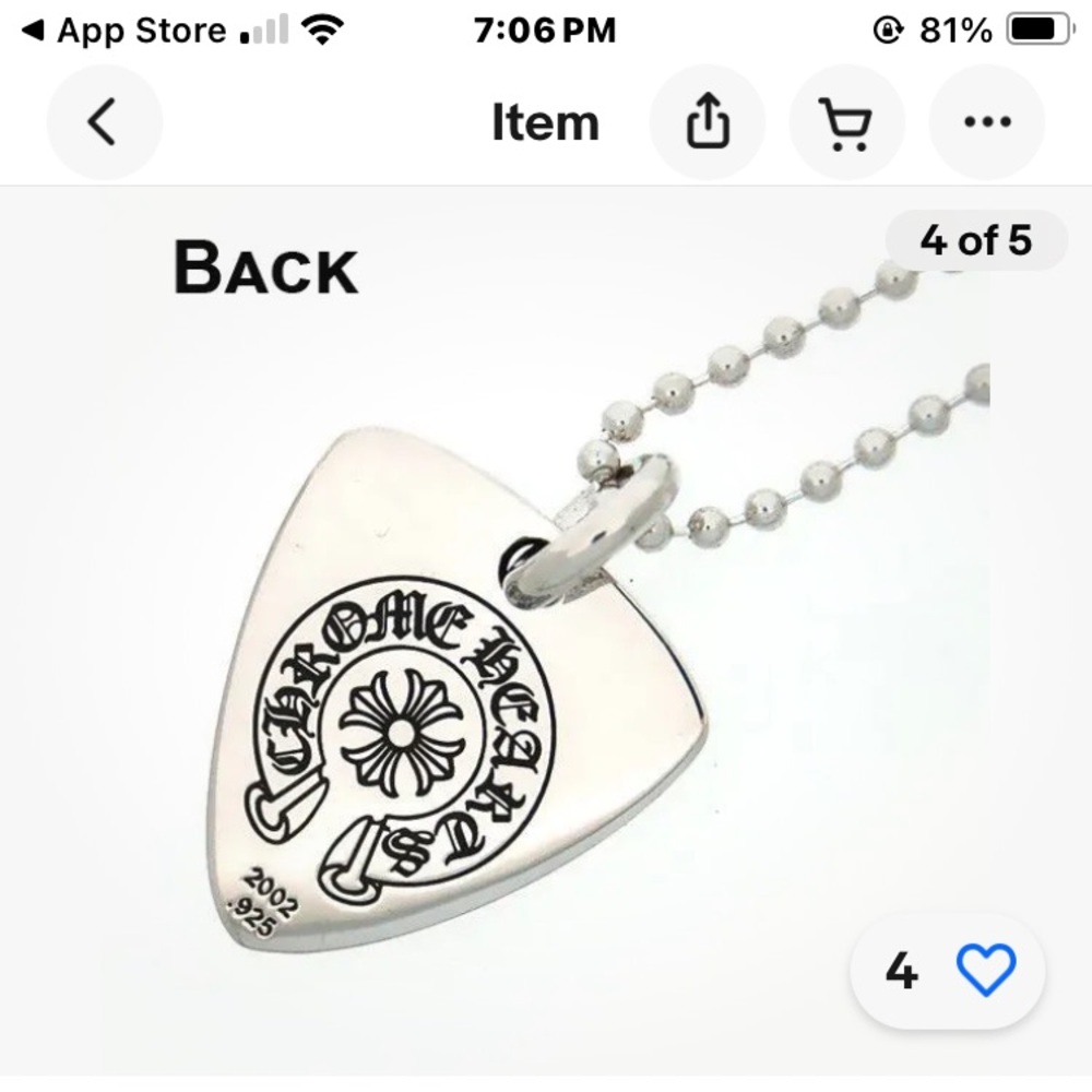 Chrome Hearts, solid silver, 18” beaded chain, “guitar pick”shaped pendant.